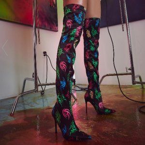 Dolls Kill Black Over the Knee Boots with Multicolor Tribal Design